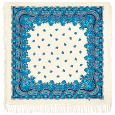 Платок женский Павловопосадский платок 1901 молочный/синий/голубой, 125х125 см