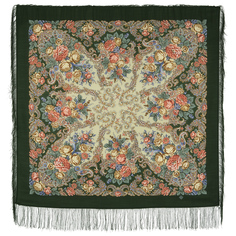 Платок женский Павловопосадский платок 1624 зеленый/зеленый/оранжевый/розовый, 110х110 см