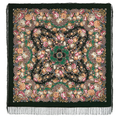 Платок женский Павловопосадский платок 1797 темно-зеленый/бежевый/розовый, 146х146 см
