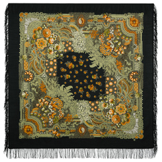 Платок женский Павловопосадский платок 1С146-3-ПН черный/зеленый/оранжевый, 146х146 см