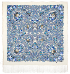 Платок женский Павловопосадский платок 1877 молочный/синий/бирюзовый, 110х110 см
