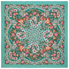 Платок женский Павловопосадский платок 1С125-4ПН бирюзовый/розовый/зеленый, 125х125 см