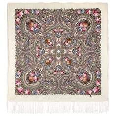 Платок женский Павловопосадский платок 1877 молочный/розовый/зеленый, 110х110 см