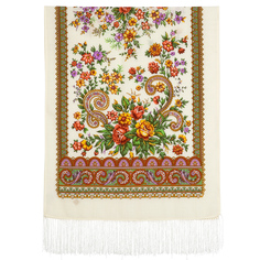 Шарф женский Павловопосадский платок 1767 белый/желтый/красный/зеленый, 150х60 см