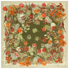 Платок женский Павловопосадский платок 11053 бежевый/зеленый/оранжевый 89х89 см