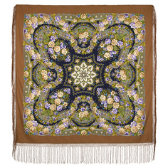 Платок женский Павловопосадский платок 1704 коричневый/зеленый, 148х148 см