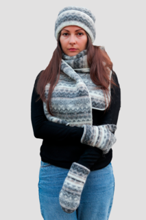 Комплект шапка, шарф и варежки женский Freyja 081 белый/темно-серый, 179х23 см