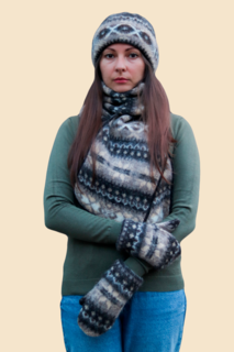Комплект шапка, шарф и варежки женский Freyja 081 бежевый/черный/синий