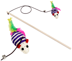 Игрушка для кошек Пижон, дразнилка с мышкой на деревянной палочке, 40 см, фиолетовая/белая