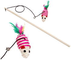 Игрушка для кошек Пижон, дразнилка с мышкой на деревянной палочке, 40 см, розовая/белая