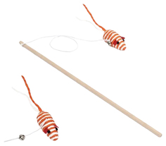 Игрушка для кошек Пижон, дразнилка-удочка с мышью на деревянной ручке, оранжевая/белая
