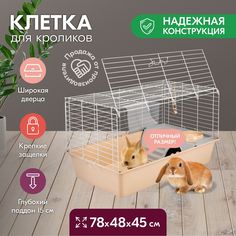 Клетка для кроликов PetTails Джером № 2, с этажом-домиком, бежевая, белая, 78x48x45 см