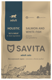 Сухой корм для взрослых кошек Savita Adult с лососем и белой рыбой, 5 кг