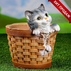 Цветочное кашпо Котенок в круглой корзине 3374689 1,5 л разноцветный 1 шт. No Brand