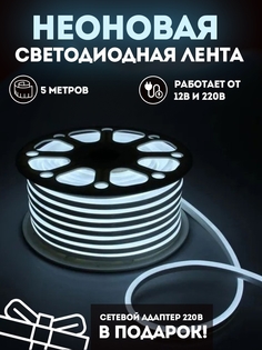 Неоновая лента светодиодная PROgadget подсветка 12V+блок питания на 220В 5м холодный белый