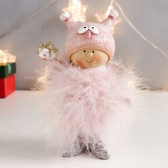 Новогодний сувенир NoBrand 7567902 Малышка-ангел в розовом, в шапке совы, пух 16,5х11х5 см