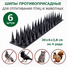 Шипы для защиты от птиц и животных ЛУК, пластик черные, 300х60х38 мм, 6 шт No Brand