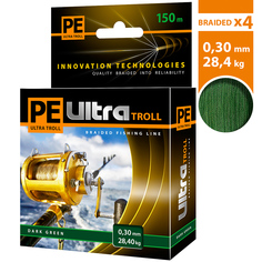 Плетеный шнур AQUA PE ULTRA TROLL Dark Green 0,30mm 150m, темно-зеленый, test - 28,40kg