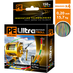 Плетеный шнур AQUA PE ULTRA TROLL MULTICOLOR 0,20mm 150m, мультиколор, test - 15,70kg