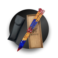Нож бабочка тренировочный металлический в подарочном наборе сине-красно-оранжевый No Brand