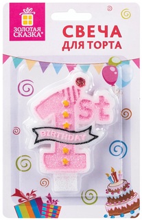 Набор из 6 шт, Свеча-цифра для торта "1 годик", розовая, 9,5 см, ЗОЛОТАЯ СКАЗКА, в блистер