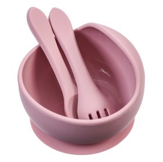 Набор для кормления: миска, вилка, ложка, цвет розовый 9037726 No Brand