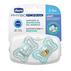 Пустышка Physio Light 2шт., 2-6мес., силикон Blue, рис. пчелка, стрелочки Chicco