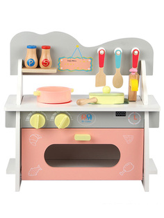 Игровой набор StarFriend детская кухня с плитой розовый, деревянный, 8 предм, 31x17x37 см
