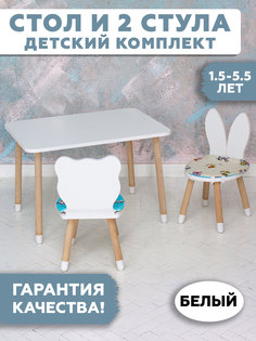 Комплект детской мебели RuLes стол прямоугольный, стулья мишка и зайка, ножки в носочках