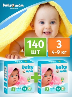Подгузники детские Baby Mom Econom с кремом-бальзамом, 3 размер, 140 шт. (2 уп. по 70 шт.)