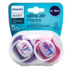 Пустышка ultra air Lime, Be happy/Воздушный шар, 6-18 мес, 2 шт, для девочек Philips Avent