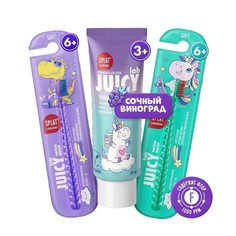 Детская зубная паста SPLAT Juicy Lab Сочный Виноград 72г, зубная щетка, бирюз, фиолет, 2шт