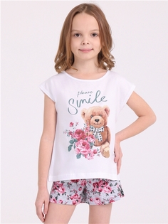 Пижама детская Апрель 393дев001нД2, белый+букеты на светло-сером Мишка с розами, 128