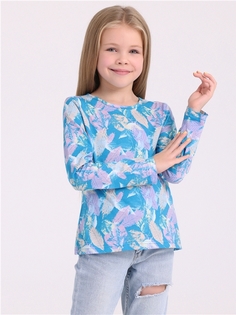 Лонгслив детский Апрель 329дев001нД2, отпечатки листьев на голубом, 140