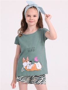 Пижама детская Апрель 393дев001нД1Р, серо-зеленый113+зебра зеленый+сливки Корги, 110