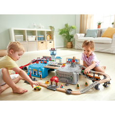 Железная дорога для детей Мега Метрополис, 80 предметов в контейнере, поезд на батаре... Hape