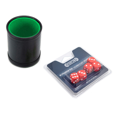 Набор Stuff-Pro Шейкер для кубиков кожаный с крышкой, зелёный + кубики D6, 16 мм, красные