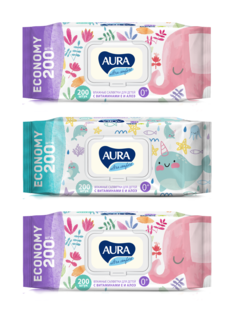 Влажные салфетки детские Aura ULTRA COMFORT, 0+, big-pack с крышкой, 200х3 шт., 12952