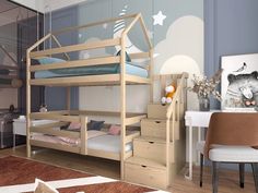 Кровать детская MOONLEES Двухъярусная с лестницей-комодом, 180х90,из массива