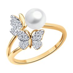 Кольцо из красного золота р. 16,5 SOKOLOV 791237, фианит/жемчуг