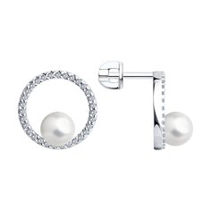 Серьги-пусеты из серебра с фианитом/жемчугом искусственным SOKOLOV 94026094