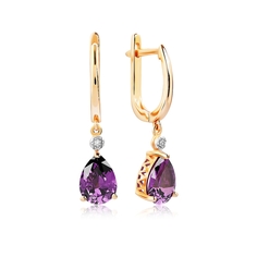Серьги подвески из красного золота VALTERA 112443, аметист искусственный/бриллиант