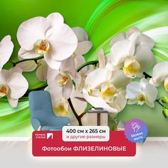 Фотообои флизелиновые ПЕРВОЕ АТЕЛЬЕ "Орхидеи на зеленом шелке" 400х265 (ШхВ)