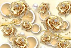 Фотообои Divino Decor F коллекцияF-046 Золотые розы на объемном фоне 400х270-1Divino