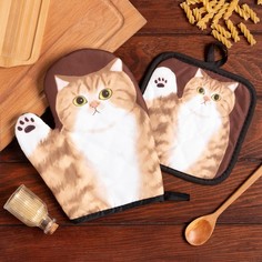 Кухонный наборКотики Муся, прихватка 17х17 см, варежка 24*18 см, п/э Доляна