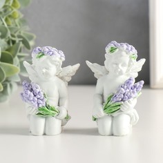 Сувенир полистоун "Белоснежный ангелок с лавандой, в венке из лаванды" МИКС 7,2х4,8х4 см No Brand