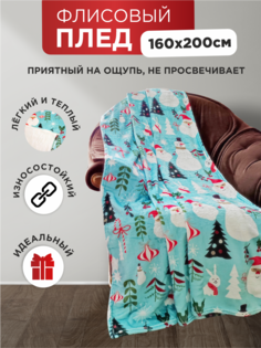 Плед однослойный 160х200см, Снеговики, зеленый, 68004-10 Зимняя сказка