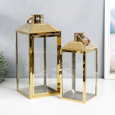 Подсвечник металл Прямоугольный фонарь набор 2 шт золото 18х18х42, 14х14х34 см No Brand