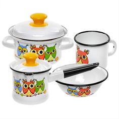 Керченская эмаль Совушки, 4 шт: кружка 0,25 л, миска 0,8 л, ковш 1 л, кастрюля 1 л