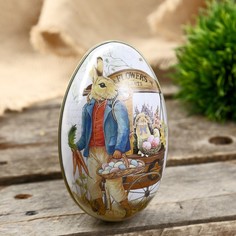 Шкатулка металл яйцо "Заяц с корзиной крашенных яиц" 11х6,5х7 см No Brand